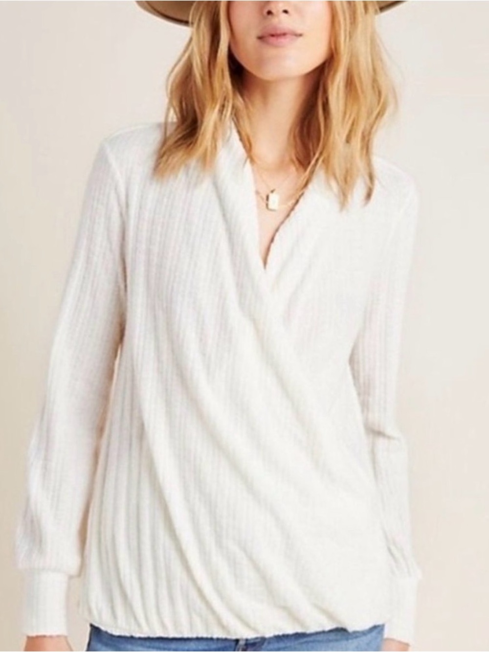 🤍 Anthropologie Maeve Rafela Hacci Surplice Wrap Sweater Top – XS – Cream